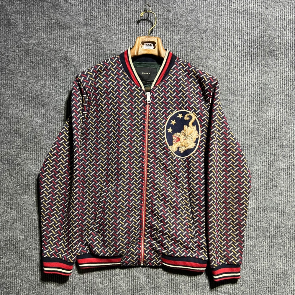 Zara Bomber Jacket Mens Size M Multicolor‎ Embroidered Eagle Tiger Graphic Zip